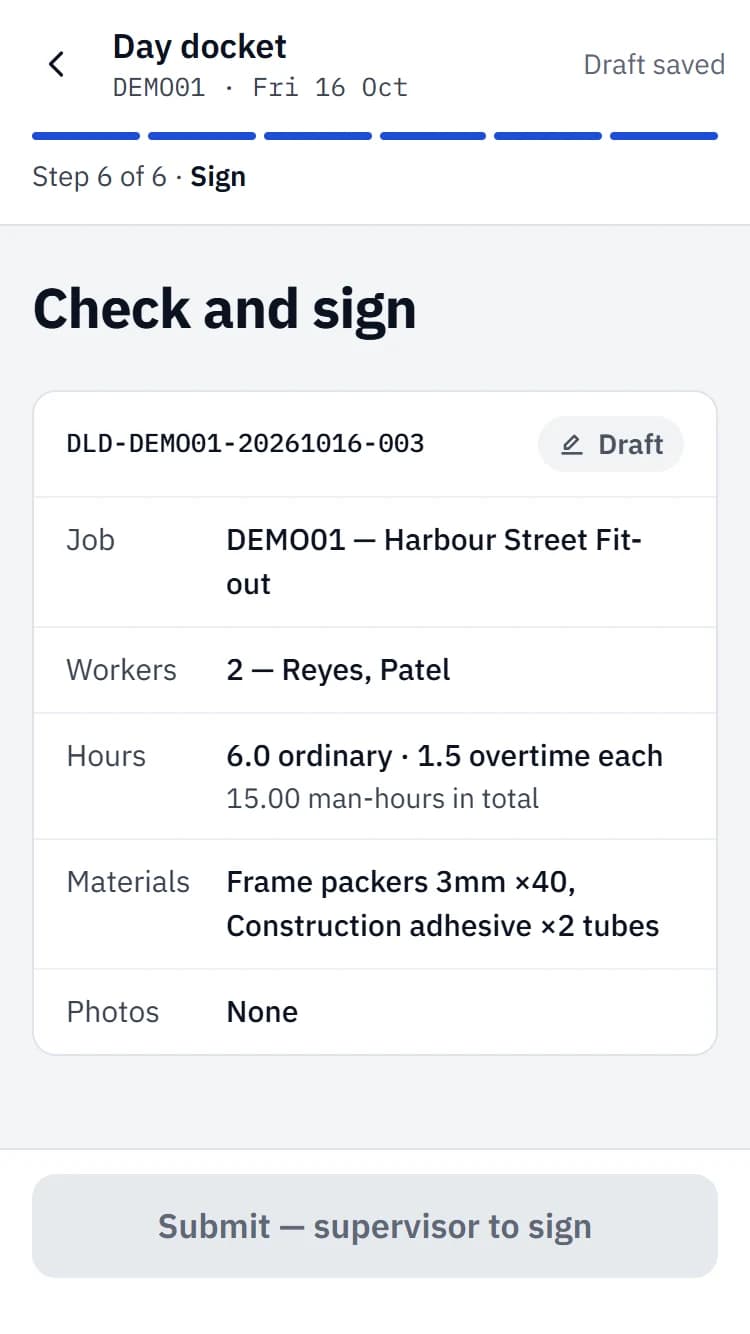 Signing a day docket on a phone: the docket summary with crew, hours and materials above the signature step