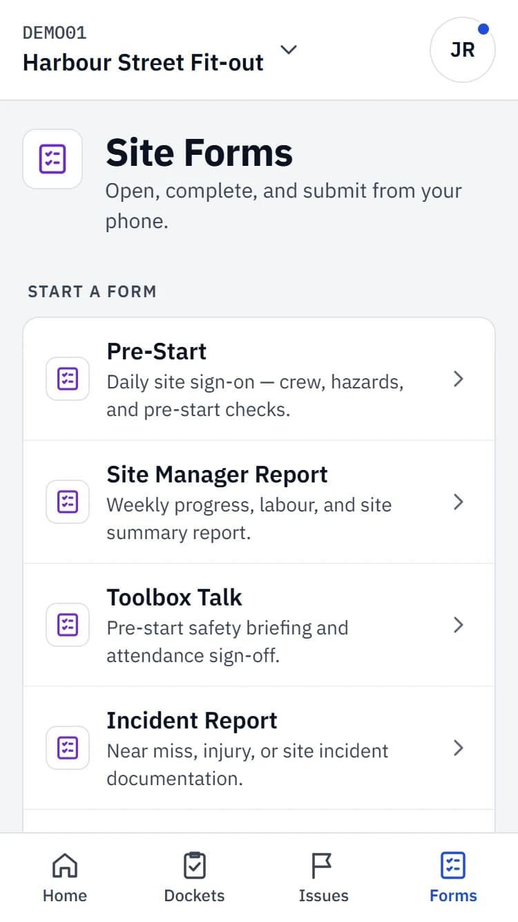 The Site Forms hub on a phone: pre-start, toolbox talk, site report and other forms for the job