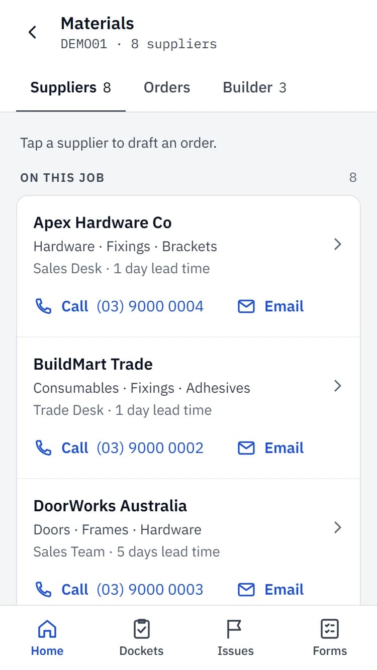 Suppliers for the job on a phone, ready to draft an order