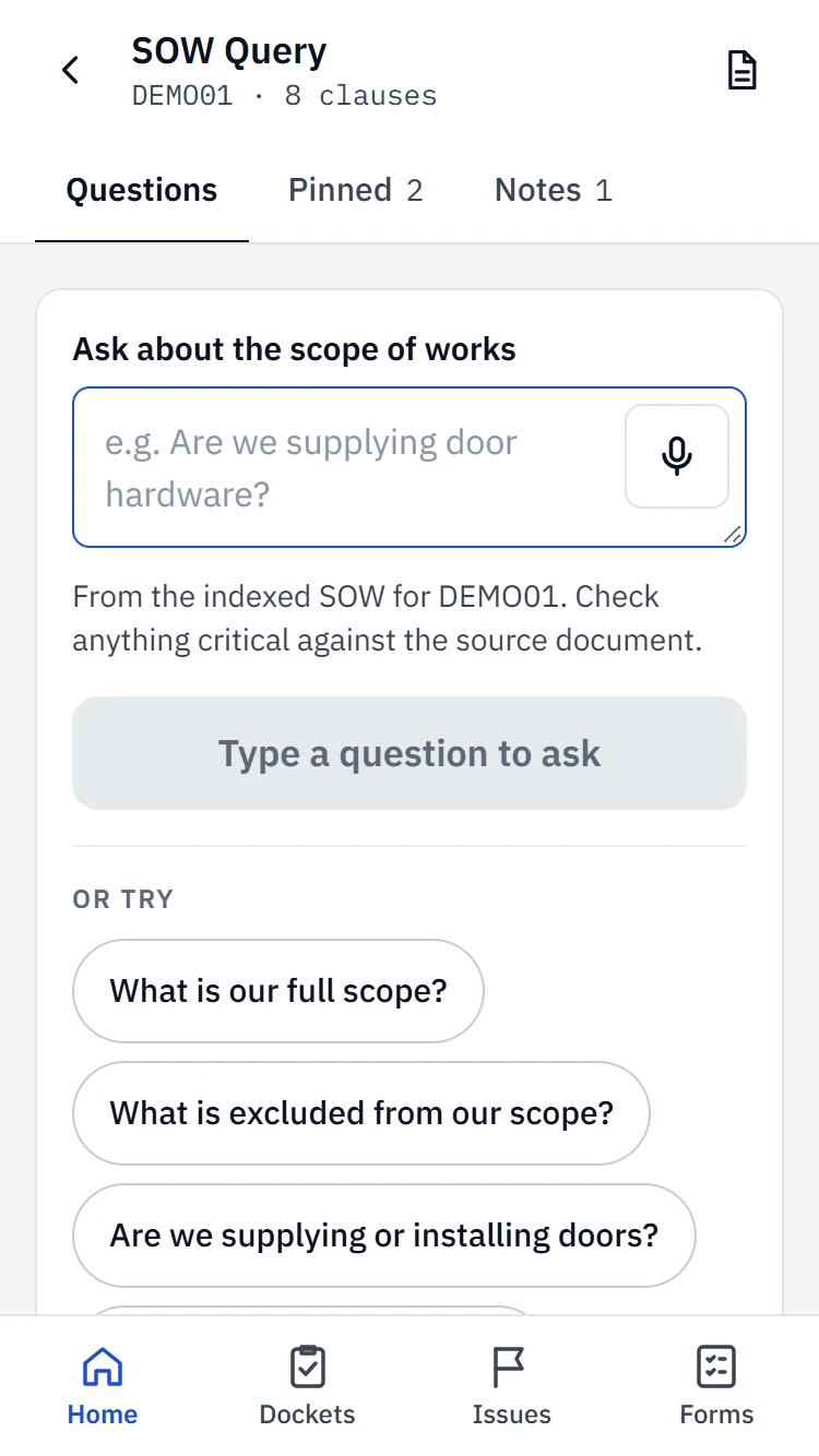 Asking a scope-of-works question on a phone, answered from the contract